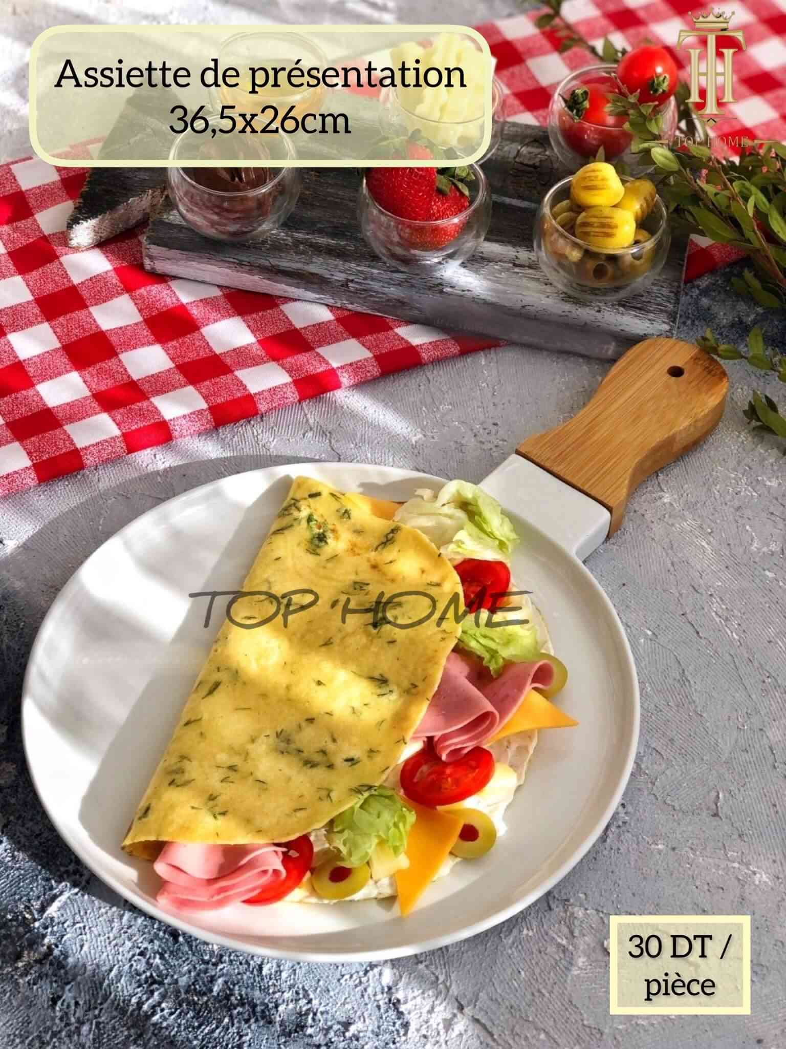 Assiette Plat En Porcelaine avec Manche En Bois 36*26cm
