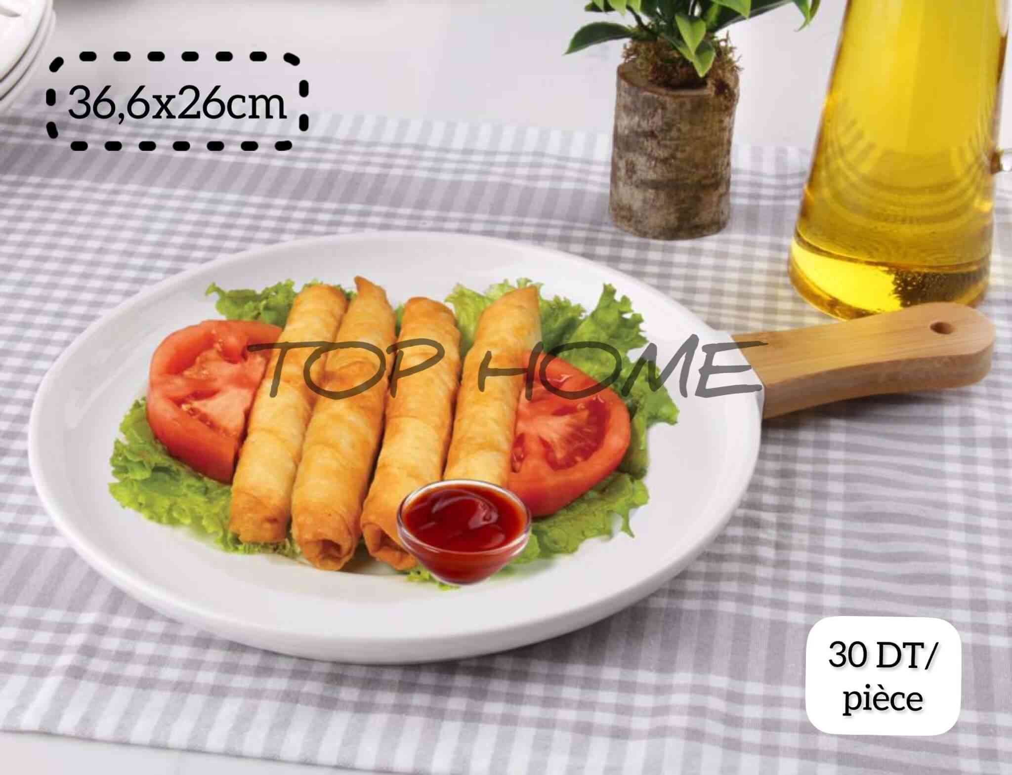 Assiette Plat En Porcelaine avec Manche En Bois 36*26cm